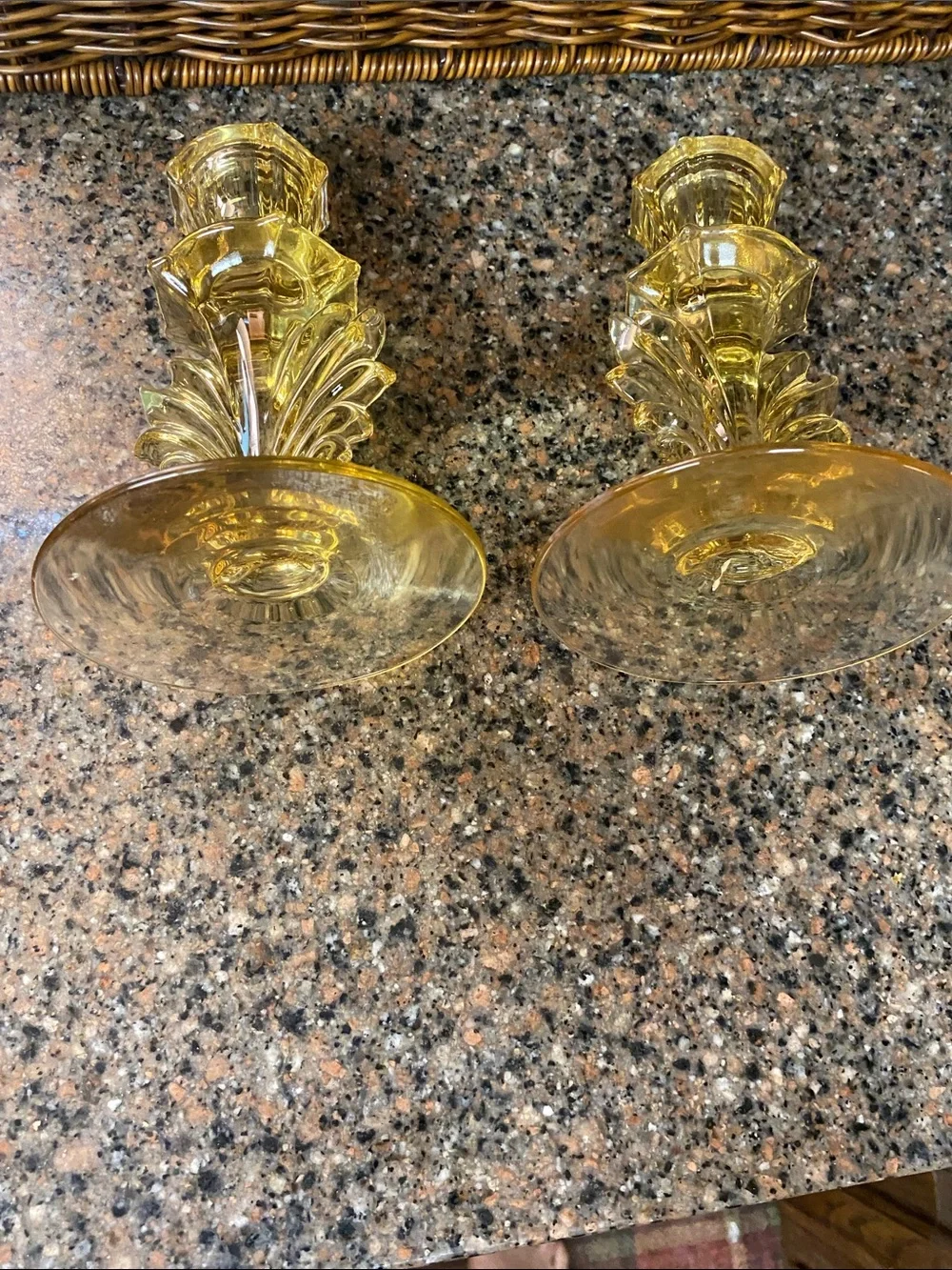 Vintage 1940’s Fostoria Baroque Topaz Yellow Glass Candlesticks